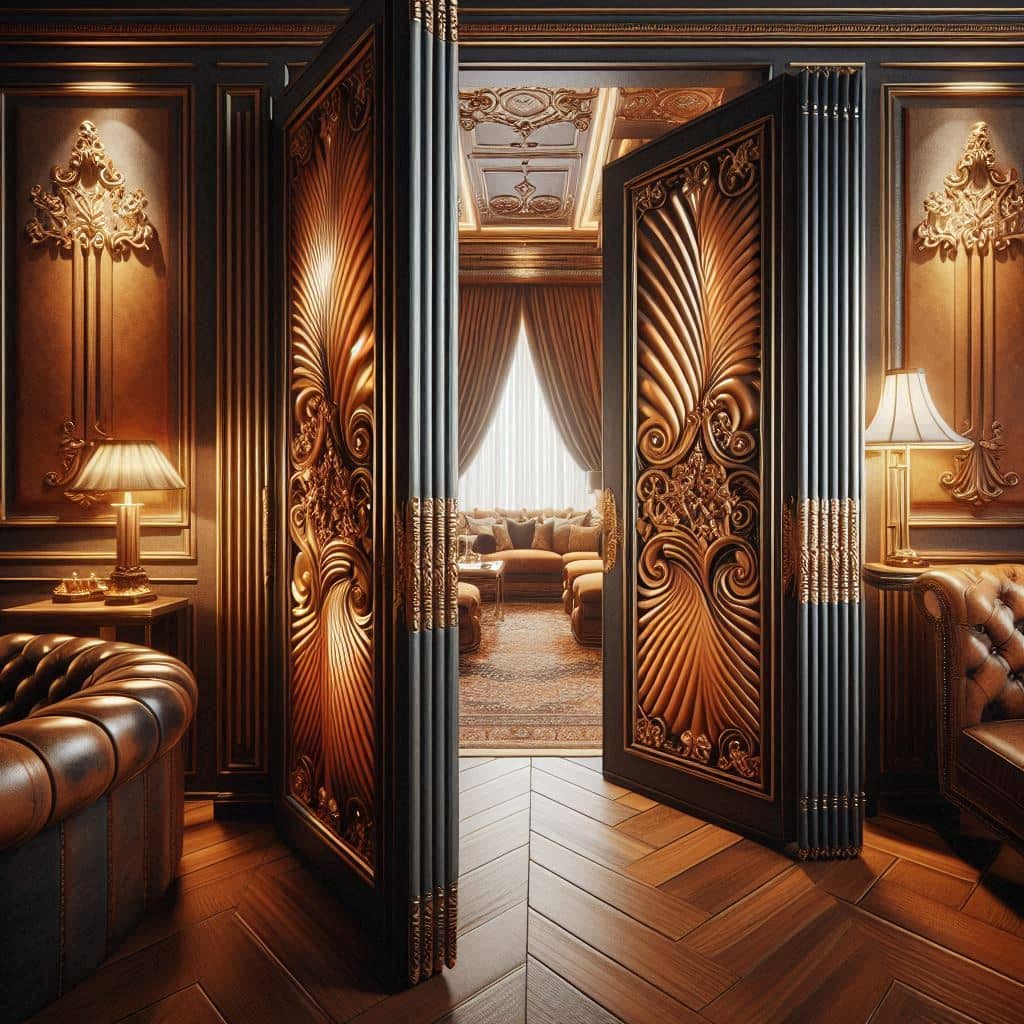باب أكورديون جلدي مودرن لتقسيم المساحات داخل غرفة معيشة فاخرة