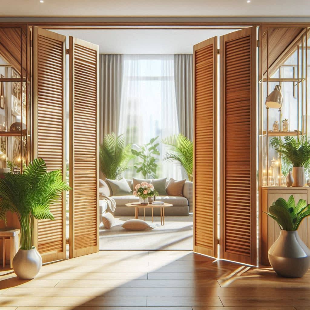 باب أكورديون خشبي مودرن مفتوح في غرفة معيشة أنيقة