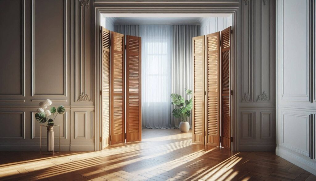 باب أكورديون خشبي مودرن مفتوح في غرفة معيشة أنيقة