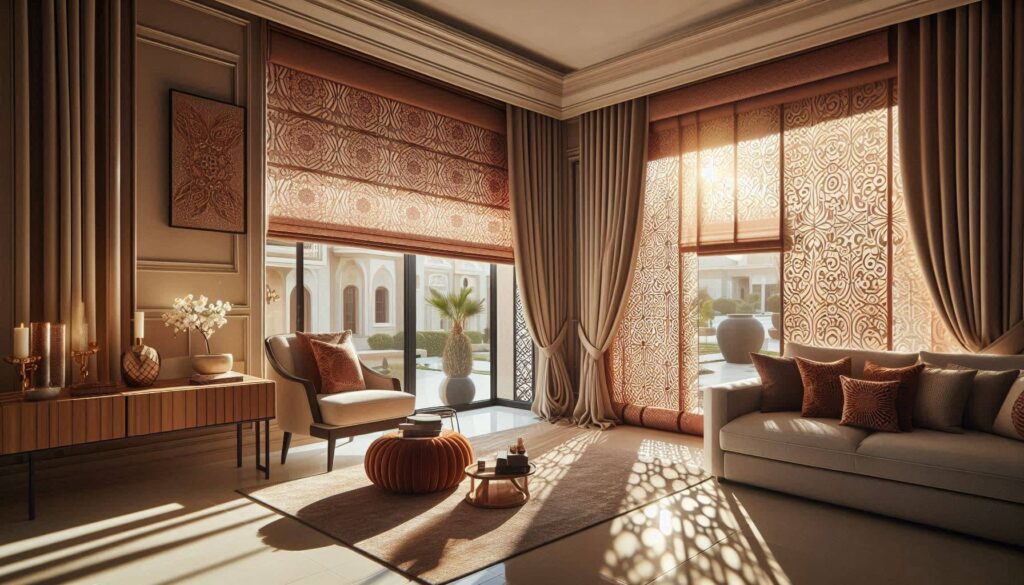 ستائر رول عصرية مثبتة على نافذة منزل في السعودية مع تحكم بالضوء والحرارة