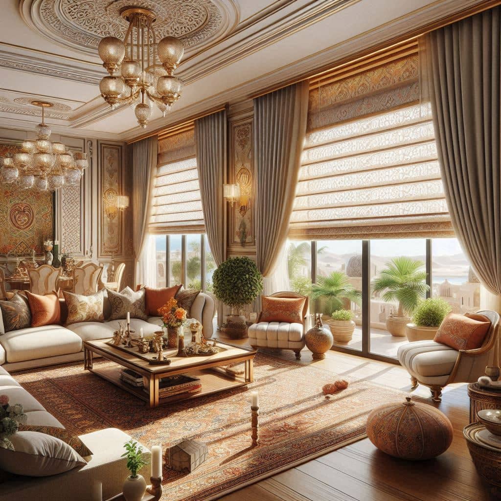 ستائر رول عصرية مثبتة على نافذة منزل في السعودية مع تحكم بالضوء والحرارة