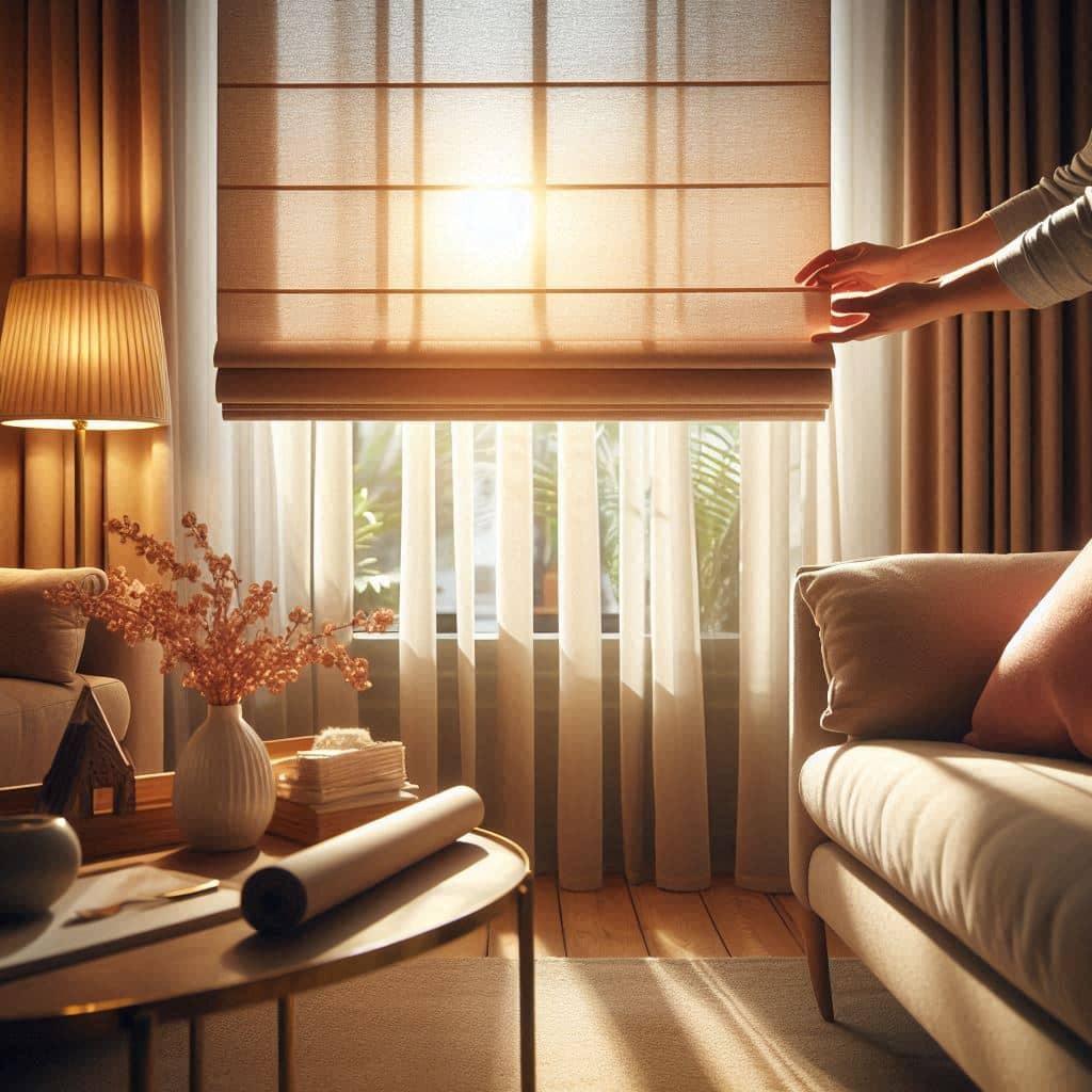 ستائر رول عصرية مثبتة على نافذة منزل في السعودية مع تحكم بالضوء والحرارة